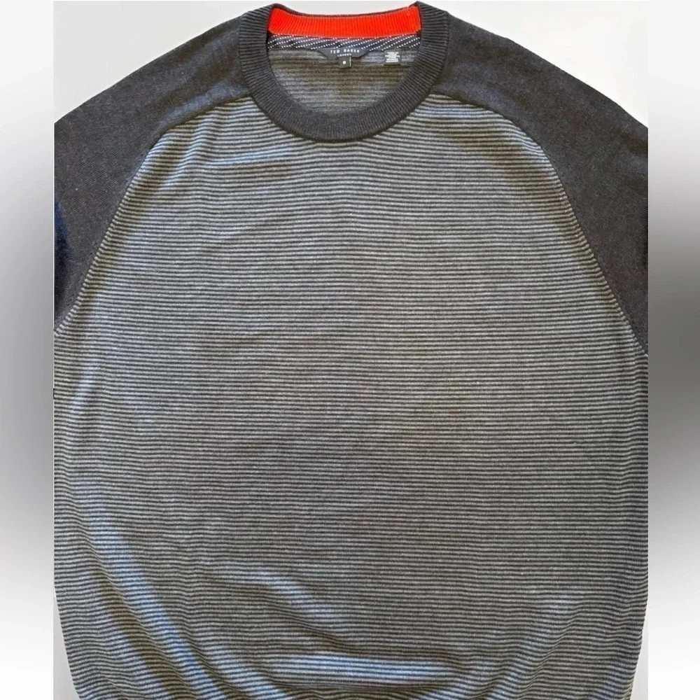 Ted Baker Mens TopUp Sweater Xl Sz 6 Gray Stripe Wool Knit Classic Preppy EUC